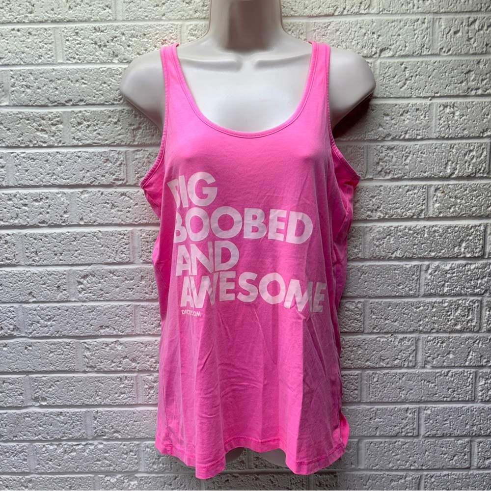 DISTRICT "Big Boobed and Awesome" Sz L Fluorescent Pink Racerback Tank Top • VG‼
